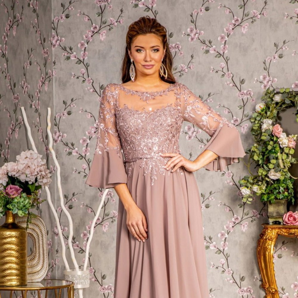NEW LONG A-LINE CHIFFON FORMAL BEADED GOWN WITH 3\4 SLEEVES AND BOAT-NECK GL3434